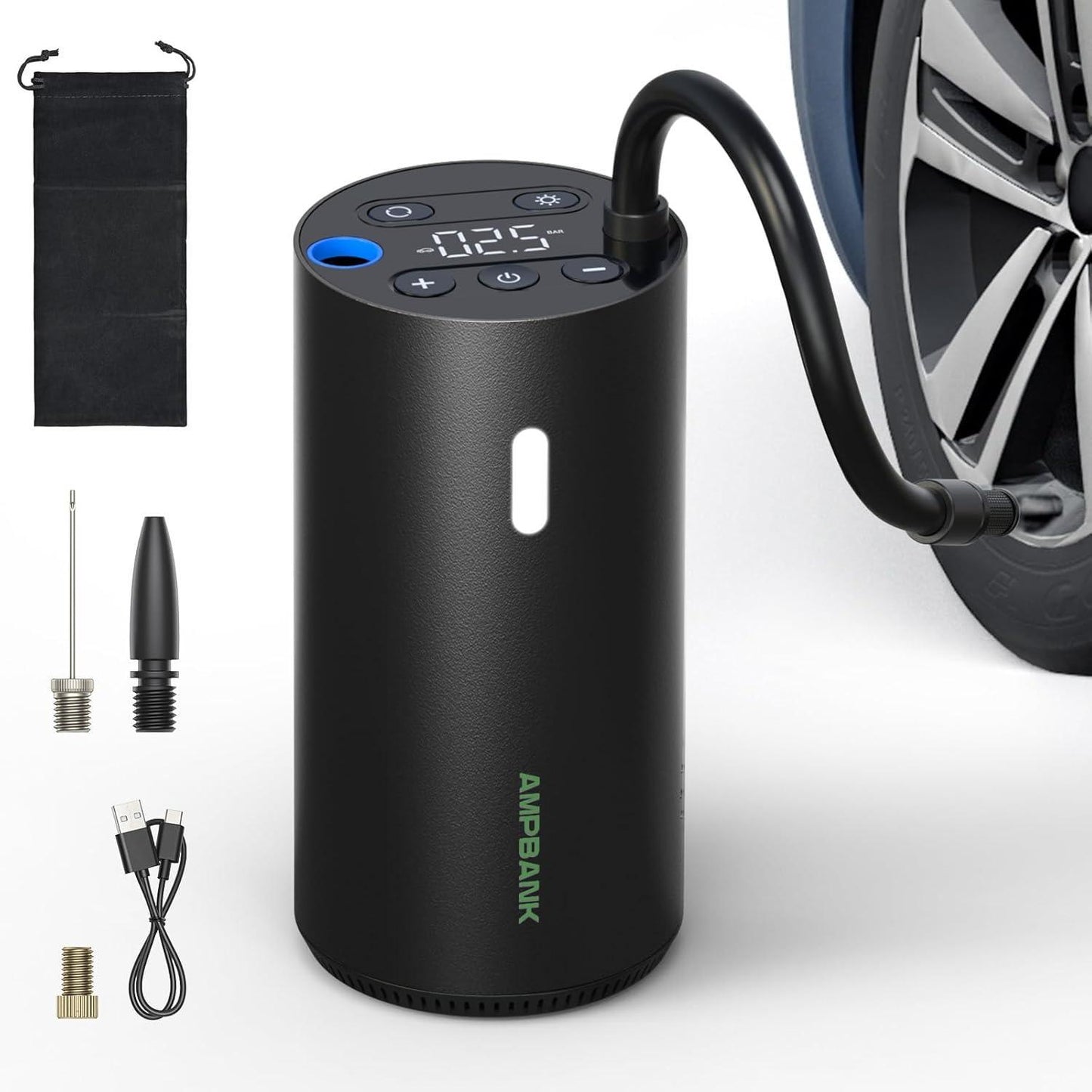 AMPBANK AT004 Smart Portable Tire Air Pump For Cars, Motorcycles, Bicycles And Balls With Pressure Gauge And LED Screen For Fast Inflation Smart Life