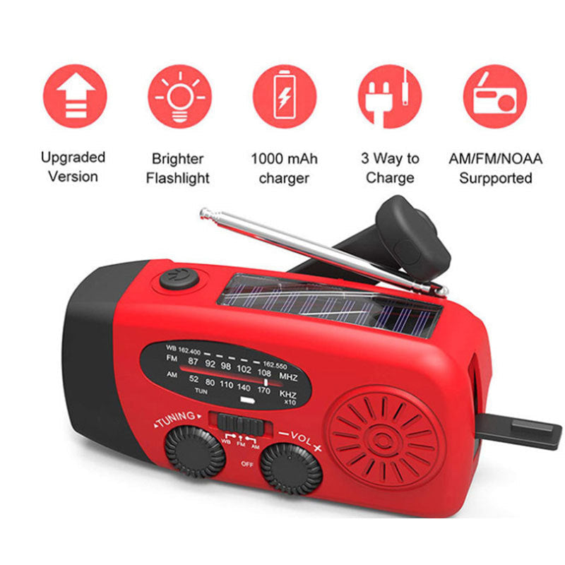 Solar hand crank USB charging radio flashlight capnig