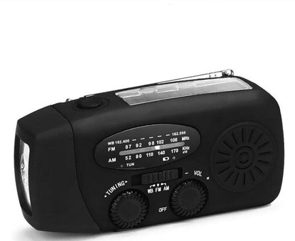 Solar hand crank USB charging radio flashlight capnig